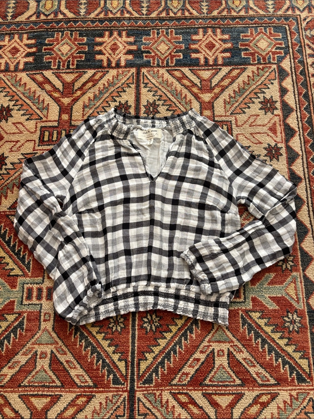 Cloth & Stone Black White Plaid Check Print Split Neck Boho Pullover Top Size XS